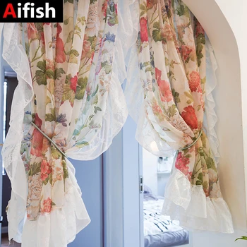 2 бр. прозрачна къса завеса с флорални накъдрен за кухненска мивка, малък прозорец, половинчатая завеса, романтични завеси от френски тюл на врати