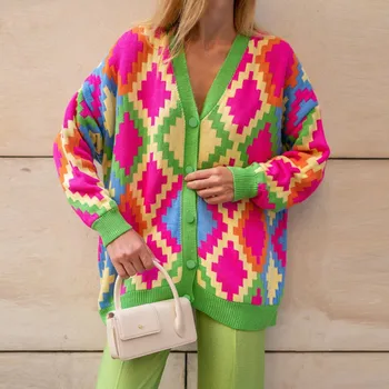 2023 Есенно-зимния нов дамски ежедневни пуловер-жилетка с V-образно деколте, персонални вязаный сако копчета с дълъг ръкав
