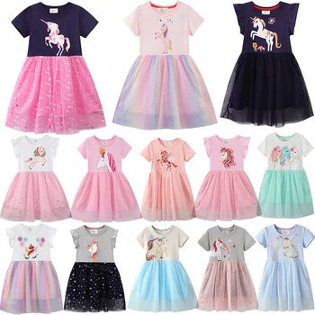 2023 Лятна рокля с къси ръкави и еднорози за малки момичета, рокля с пайети, вязаное сетчатое принцеса рокля за момичета, памучно ежедневното рокля за деца от 2 години до 8 години