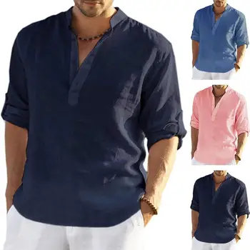 2023 Нова мъжко бельо риза с дълъг ръкав, однотонная Ежедневно бельо памучен риза с дълъг ръкав, потник, риза от коноп