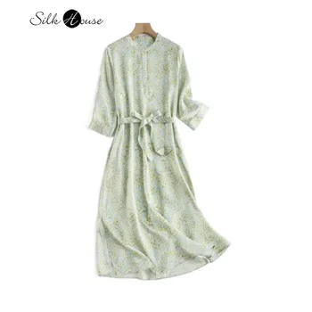 21 мм здраво свеж зелен джоб с вертикален деколте, 100% естествена коприна тутового цвят, свободно рокля със средна дължина, с дълъг ръкав