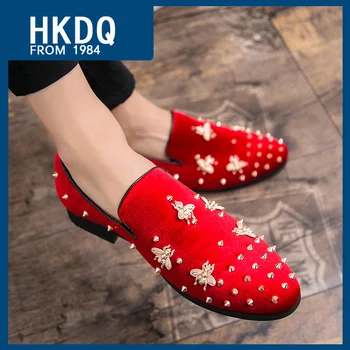 HKDQ/ Трендови Мъжки вельветовые лоферы Червен цвят с животни, Дишаща Мъжки социална обувки без закопчалка, Удобни Мъжки обувки за партита, Голям размер 38-47