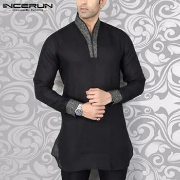 INCERUN Мъжка риза градинска дрехи с V образно деколте и дълъг ръкав в стил мозайка, реколта ежедневни ризи за фитнес, мъжки индийски дрехи, дрехи големи размери 2023