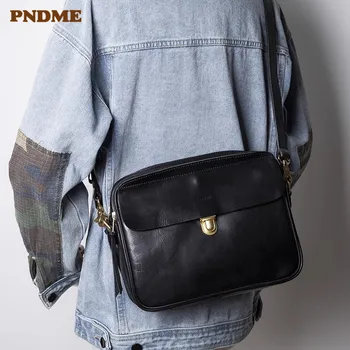 PNDME ежедневни дизайнерска луксозна мъжка чанта-месинджър от естествена кожа за пътуване на открито от естествена телешка кожа, черни таблети, чанта през рамо