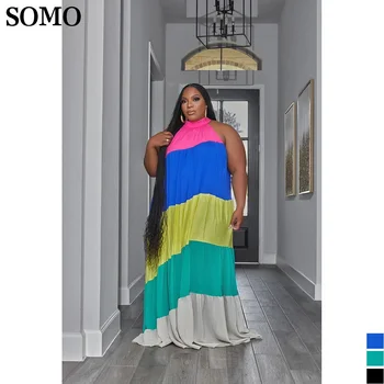SOMO, лято модерни рокли в контрастен цвят плюс размера на клубната облекло за партита, плиссированное дълго Макси рокля без ръкави, на едро, директен доставка