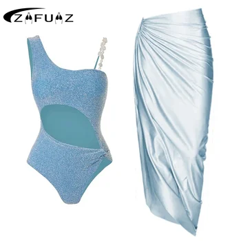 ZAFUAZ 2023 Секси силует на раменна рамо с 3D цветя, перли, лъскава текстура, едно парче бански костюм, пола, комплект бикини, плажна рокля