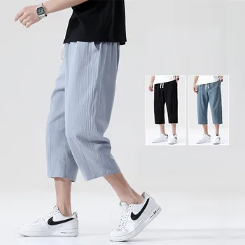 Азиатските мъжки директни капри 2023, нови летни мъжки панталони от изкуствена памук и лен, свободни ежедневни панталони с еластичен ластик на кръста, със седем точки