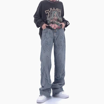 Американски улични дънки в стил хип-хоп, нишевая нашивка, направени от стари дънки, мъжки тенденция ежедневни панталони с непреработени ръба, прави панталони