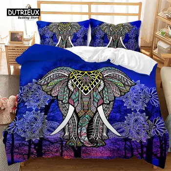 Африкански слон, чаршаф, бохем комплект спално бельо в цветен модел на Мандала, микрофибър, одеало с екзотични диви животни, размер King Queen