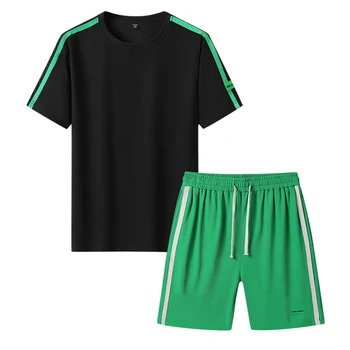Годишният нов случайни спортен комплект с вафли, мъжка тениска с къс ръкав и къси панталони, комплект от 2 теми, мъжки модерен дишаща спортен костюм 2023