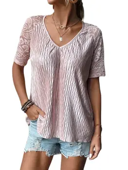 Дамска блуза 2023, пролетно-лятна лейси риза с отрязани, монофонични отгоре с V-образно деколте, без жена топ с къс ръкав
