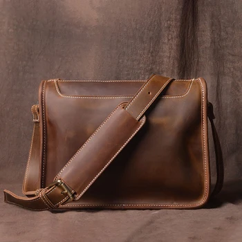 Дамски чанти, чанти реколта оригинални луди тенденция кожени пощальона лаптоп натурална чанта-месинджър с цип Кон мъжка кожена чанта ръчна изработка