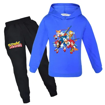 Ежедневни костюми за момчета и момичета, нова детски пуловер с качулка Sonic + черен панталон, удобен костюм