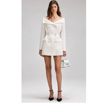 Есен 23, нов нишевый дизайн с изискан и елегантен темперамент, вълнена двубортное рокля с колан с едно рамо за жени