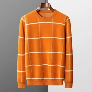 Есенно-зимни корея, нова мъжки брандираната суитчър от 100% чиста вълна, универсален удобен пуловер, кариран пуловер с кръгло деколте