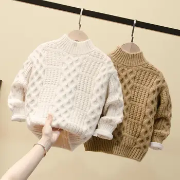 Есенно-зимния пуловер за момчета, детски пуловер с висока воротом 2020, долната риза с кръгло деколте и дебели кадифе