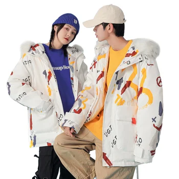 зимни нови двойки 2023, топ от чист памук, за мъже корейската версия, дебели хляб с графити, бяла гореща облекло 1884