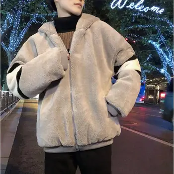 Зимно палто от вълна от овце, мъжки корейски модни кадифе дебели свободни студентски ежедневни якета с качулка