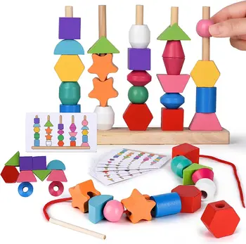 Играчка Монтесори подредим мъниста Дървени штабелирующие блокове чрез шнурове мъниста, подходящи форма и цветове, чейнджър играчки за малък мотор от предучилищна възраст