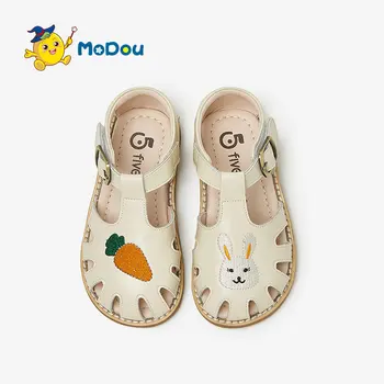 Кожени сандали Mo Dou за момичета, мека нескользящая плажни обувки в западен стил с анимационни фигура, увита пръсти, удобна в чорап