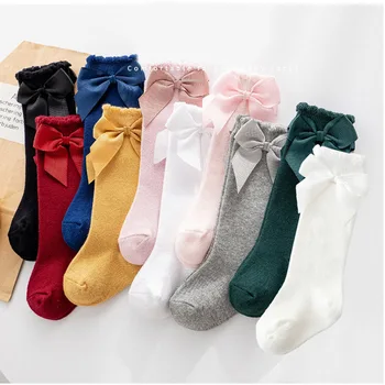 Коледни Чорапи За Малки Момичета, Обикновена Сладки Дълги Чорапи в Корейски Стил с Лък, Памучни Чорапи Дишащи за Малки Момичета, meias