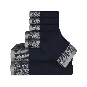 Комплект хавлиени кърпи от памук, с цветен модел, глициния, 8 позиции, черен