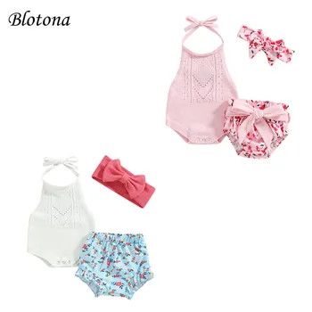 Комплекти летни костюми Blotona за малки момичета, бяла вязаный гащеризон без ръкави, къси панталони от полипропилен с флорални принтом, комплекти чалми на главата, 0-24 месеца