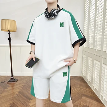 Летен мъжки спортен костюм, дишаща ежедневни тениска и къси панталони, комплекти от две части, без връхни дрехи, ризи и панталони до коляното с еластичен ластик на талията