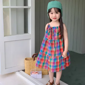 Лятото клетчатое рокля-прашка 2023 г., свободен тънка дълга рокля за малки момичета, детски дрехи