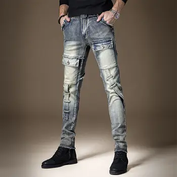 Модерни и удобни мъжки панталони-карго с много джобове, стираемые в корейски стил, дизайнерски мотоциклетни панталони луксозни дънки