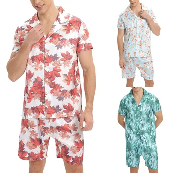 Мъжки Пижамный комплект с принтом, Летни къси Панталони С къси ръкави, Домашно Облекло за почивка С V-образно деколте, Пижами, Подходящи По Цвят Към Ежедневието дрехи