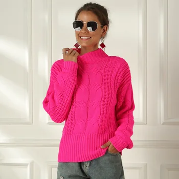 Неонов пуловер женски вязаный фуксия, розово обикновена пуловери с високо воротом, дълги ежедневни свободни трикотажни ризи, дамски скок