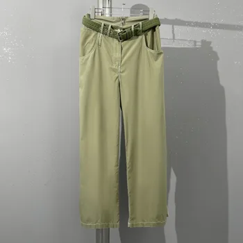 Нова дамски дрехи за пролетта и лятото на 2023, модни цветни блокове, прав широк панталон с колан 0422