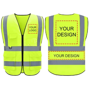 Отразяваща жилетка за безопасност, висока видимост, безопасност нощен работа, жълта жилетка без ръкави, Строителна работно облекло с цип и джобове за възрастни