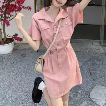 Розово сладко джинсовое рокля с висока талия и къс ръкав, дамски летни нови корейски однобортные мини рокли с ревери 2023