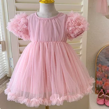 Рокли за момичета, лятно детско бельо на принцеса рокля с цветен модел и ръкави в стил Лолита