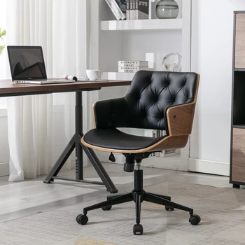 [Спешна разпродажба]Офис стол с регулируема свита от дърво, Компютърен Стол, с черна тапицерия от изкуствена кожа и бактериално струпясване [В наличност в САЩ]