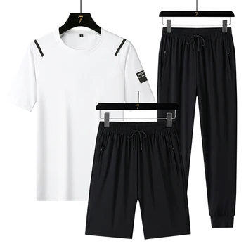 Спортен комплект от коприна Lce с къс ръкав, мъжки Лятна бързосъхнеща тениска, Мъжки къси Панталони големи размери, Комплект от три елемента за бягане
