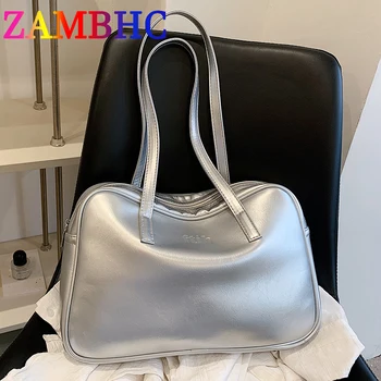 Сребърни торби през рамо голям капацитет за жени, ежедневни чанти от изкуствена кожа, 2023, модни луксозни дамски чанти и портмонета за пътуване