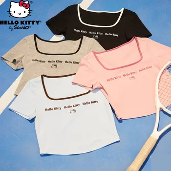 Тениска Sanrio Hello Kitty, Оборудвана със скъсен Топ С кръгло деколте, Скъпа Y2K, Нова Лятна Дамска Тениска С Изображение на Герой от Анимационен филм, Къс Ръкав