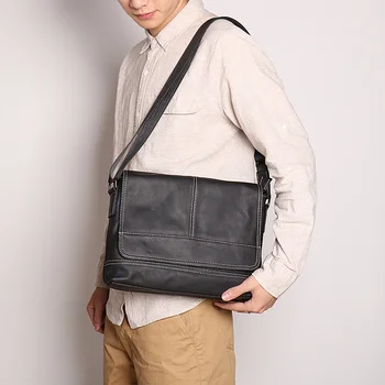 Чанта през рамо от телешка кожа на първия слой, мъжки черна хоризонтална ежедневна чанта ръчна изработка, оригинален мъжки