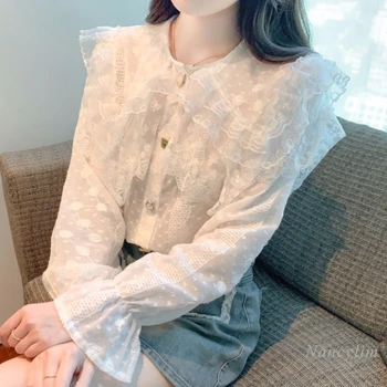 Шифоновая лейси риза с яка кукла, дамски есен облекло 2023, нови шик красиви блузи с дълъг ръкав, универсална модна блуза